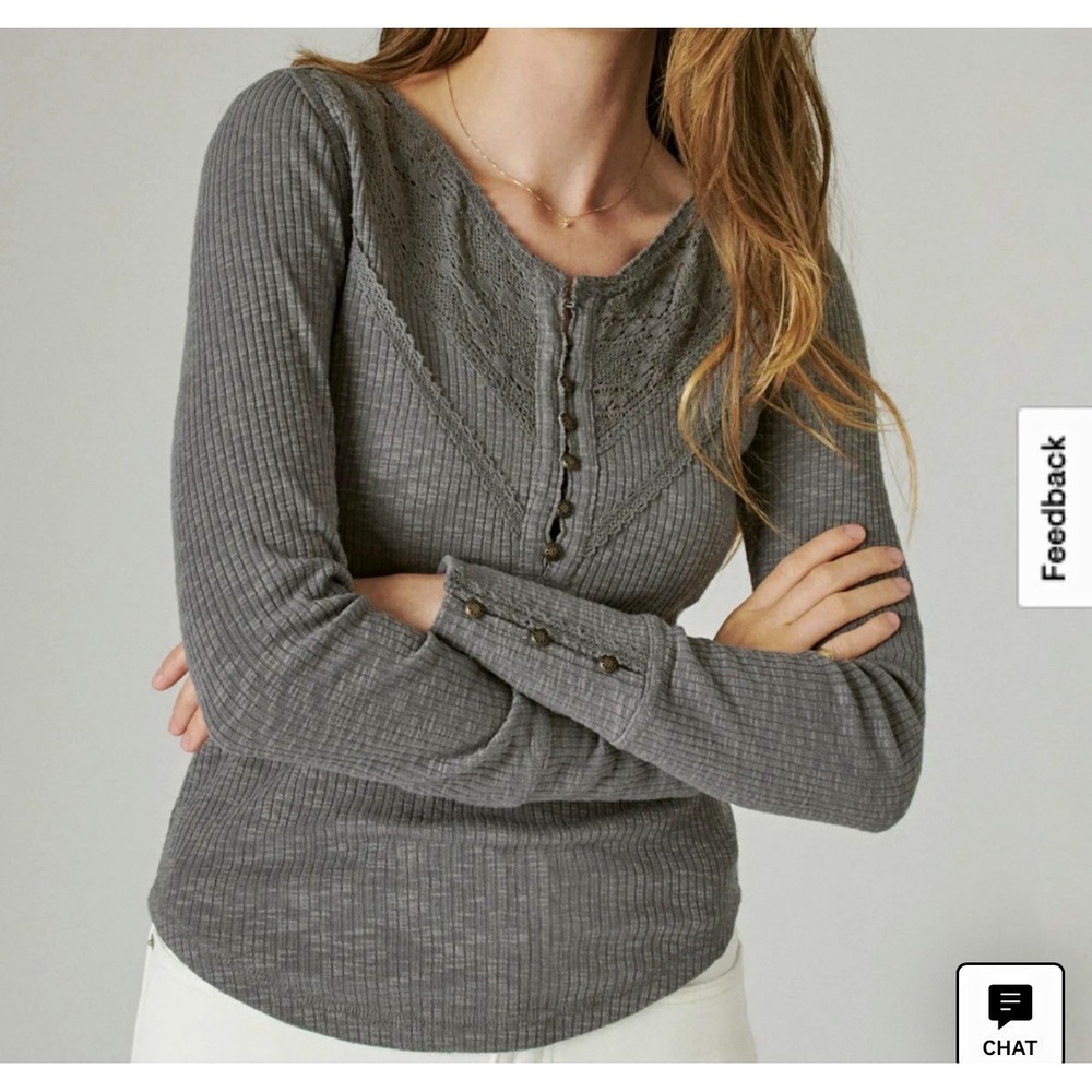 Lucky Brand Women's Gray Ribbed Knit Lace Trim V-Neck Henley Top Size M